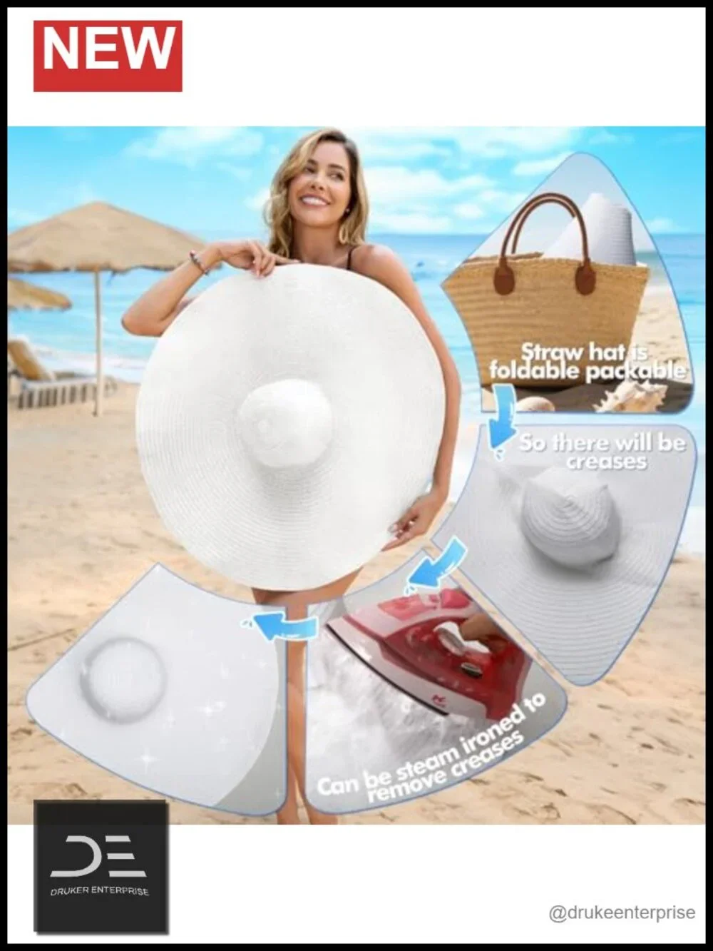 Wide Brim Straw Sun Hat UPF 50+ Foldable Travel Beach Hat